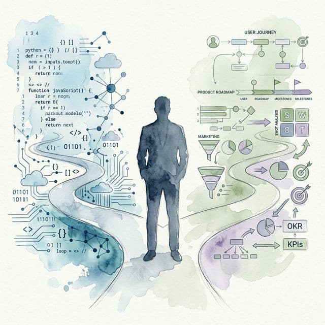 Watercolor illustration — the intersection of code and product